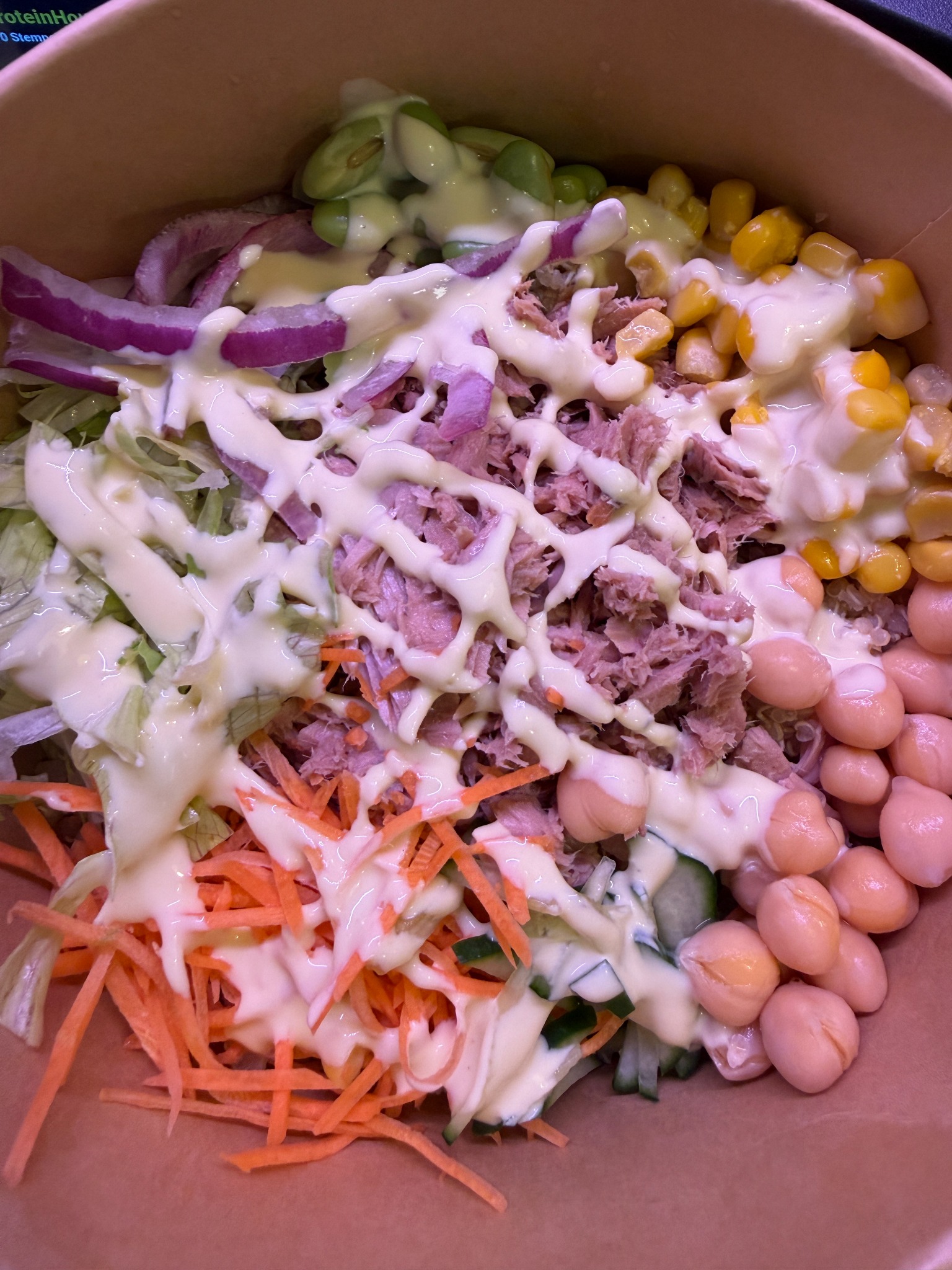 Bowl aus dem Protein House mit Gemüse, Toppings und Sauce